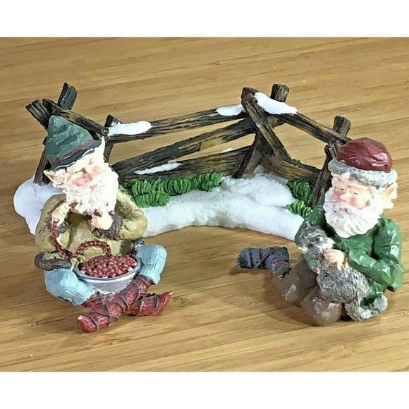 3 PC Lot 2 Garden Gnomes Elves with Split Rail Fence Christmas Village accessory - Picture 1 of 7